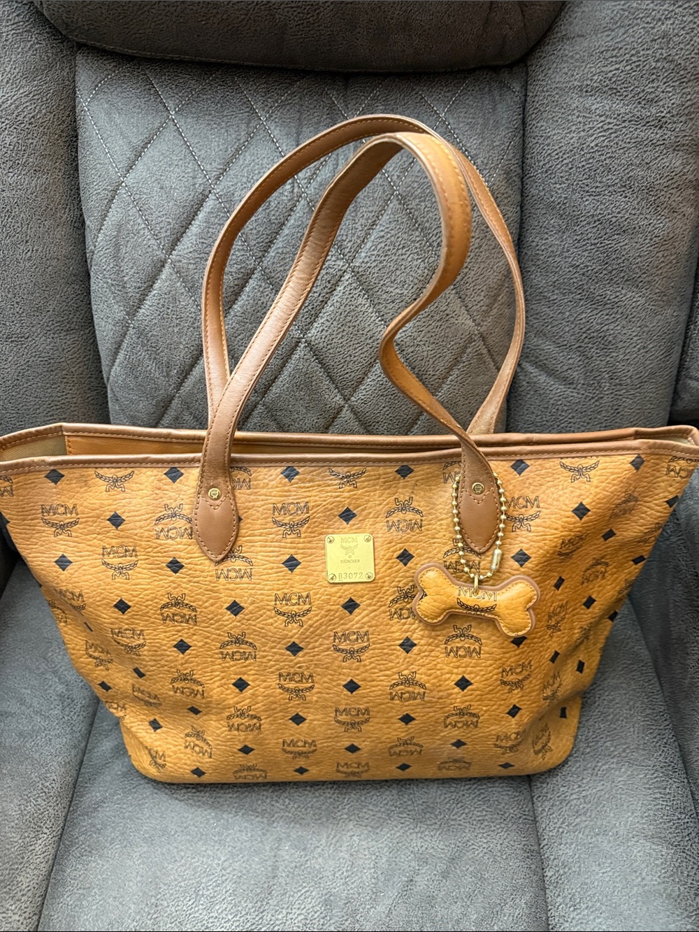 MCM Cognac Logo Visetos Tote with Bone Charm